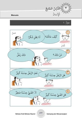 ‫اَ َّرسْالسابِ ْ‬
                                       ‫لد ُ َّ ع‬
                                       ‫ُ‬
‫‪Manusia‬‬                                        ‫ِ َن‬
                                               ‫اَْلنسا ُْ‬

                                                               ‫حوارْ١‬‫ِ‬
                                                                   ‫َ‬

‫حس ْ‬
‫َ َن‬                                                                   ‫١‬
                     ‫ََ ِ َ ْ ُ ْ ً‬     ‫ََْ َ ُ َ‬
                    ‫اًا ِبْي صكرا‬
                           ‫ٍ‬           ‫كيف خالك؟‬

                                                            ‫اِليَ ُْ‬
                                                            ‫اس‬

       ‫َ َ ٌُ‬
                                                                       ‫٢‬
                                                 ‫َ ْ َ‬
       ‫ذلِك رجل‬                                ‫وي ذلِك ؟‬




         ‫َ َ ْ َّ ُ ُ ْ ُ ُ َ ْ‬
       ‫نعه, الرجل جسىٍ كتْيٌ‬                                ‫٣‬
          ‫ِ‬       ‫ِ‬                      ‫َ َّ ُ ُ ْ ُ ُ َ ْ‬
                                       ‫َل الرجل جسىٍ كتْيٌ‬
                                          ‫ِ‬       ‫ِ‬       ‫ِ‬



      ‫َ َّ ُّ ْ ُ ُ َ ْ‬
    ‫ل, الصِب جسىٍ صغْيٌ‬                                                ‫٤‬
       ‫ِ‬       ‫ِ ِ‬                     ‫َّ ُّ ْ ُ ُ َ ْ ٌ‬
                                       ‫َل الصِب جسىٍ كتْي‬
                                                           ‫َ‬
                                          ‫ِ‬       ‫ِ ِ‬    ‫ِ‬




    ‫‪Bahasa Arab Bahasa Alquran‬‬    ‫۷٥‬    ‫‪Gampang dan Menyenangkan‬‬
 