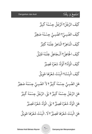 ‫‪Dengarkan dan ikuti‬‬                              ‫اِستَمعُوُرد ُْ!‬
                                                   ‫ْ ِ ْ َ ِّد‬

                             ‫كيْف الرجل؟ اَلرجل جسىٍ كتْيٌ‬
                               ‫َ َ َّ ُ ُ َّ ُ ُ ْ ُ ُ َ ْ‬
                                ‫ِ‬       ‫ِ‬
                     ‫َّ ُّ ْ ُ ُ َ ْ‬          ‫َ َ‬
                   ‫كيْف الصتـي؟ الصتـي جسىٍ صغْيٌ‬
                                      ‫َّ ِ ُّ‬
                      ‫ِ‬       ‫ِ‬   ‫ِ‬
                             ‫كيْف الْىاَر؟ الْىاَر عنْىٍ كثْيٌ‬
                               ‫َ ُ َ ُ ُُ َ ْ‬              ‫َ َ‬
                                ‫ِ‬      ‫ِ ِ‬         ‫ِ‬
                       ‫َْ ُ َ ْ َ ُ ْ ُ ُ َ ْ ٌ‬   ‫ََْ‬
                       ‫كيف اْلاَل؟ امـجاَل عنىٍ كنيل‬
                           ‫ِ‬      ‫ِ ِ‬       ‫ِ‬
                                       ‫َ َ َ َُ َ َُ َ ْ ُ ُ‬
                                ‫كيْف الَِْل؟ اَلَِْل صعره كَصْيٌ‬
                                  ‫ْ‬
                                    ‫ِ‬
                              ‫ََْ ْ ْ ُ ْ ْ ُ َ ُْ َ َ ٌْ‬
                              ‫كيف اْلٌج؟ اْلٌج صعرَا طِيل‬
                                  ‫ِ‬             ‫ِ‬     ‫ِ‬
  ‫َّ ُّ ْ ُ ُ َ ْ ٌ َ َّ ُّ ْ ُ ُ َ ْ‬
‫َل الصتـي جسىٍ كتْي ؟ ل الصتـي جسىٍ صغْيٌ‬                         ‫َ‬
   ‫ِ‬              ‫ِ‬         ‫ِ‬           ‫ِ‬         ‫ِ‬     ‫ِ‬   ‫ِ‬
       ‫َ َّ ُ ُ ْ ُ ُ َ ْ ٌ َ َّ ُ ُ ْ ُ ُ َ ْ‬
     ‫َل الرجل جسىٍ كتْي ؟ ةَل, الرجل جسىٍ كتْيٌ‬
        ‫ِ‬           ‫ِ‬                     ‫ِ‬         ‫ِ‬         ‫ِ‬
              ‫ْ‬       ‫َ َُ َ ْ ُ ُ ٌْ َ َ َُ َ ْ ُ ُ‬
            ‫َل الَِْل صعره كَصْي ؟ ةَل, الَِْل صعره كَصْيٌ‬          ‫َ‬
                ‫ِ‬                             ‫ِ‬                 ‫ِ‬
      ‫َ ْ ْ ُ َ ُْ َ َ ٌْ َ ْ ْ ُ َ ُْ َ َ ٌْ‬
     ‫َل اْلٌج صعرَا كصْي ؟ ل, اْلٌج صعرَا طِيل‬
          ‫ِ‬                     ‫ِ‬           ‫ِ‬             ‫ِ ِ‬


‫‪Bahasa Arab Bahasa Alquran‬‬      ‫۰٦‬     ‫‪Gampang dan Menyenangkan‬‬
 