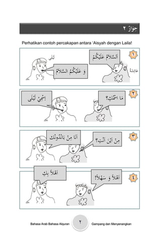 ِ
                                                                   ٢ُ‫حوار‬
                                                                     ٌَ
Perhatikan contoh percakapan antara „Aisyah dengan Laila!


                   ‫لَيػلَى‬                      ‫َّ ُ َ ُ م‬
                                                ْ ‫اَلسالَمْعلَيك‬           ١

                             ‫َ َ ُ ُ َّ م‬
                             َْ‫وْعلَيكمْالسال‬
                             ُ                                        ُْ ‫عائِش‬
                                                                       ‫َ َة‬



                                                                           ٢
   ‫اِْسيْلَيػلَى‬
            ِ                                            ِ
                                                        ‫ماْاْسُك؟‬
                                                                َ




                       ُ ِ
                    ‫اَنَاْمنْبَاندونك‬              ِ          ِ
                                                  ‫منْاَينْاَنت؟‬
                                                                           ٣
                                                        َ



             ِْ ِ‫اَىالًْب‬
             ‫ك‬
                                                 !ًْ ‫اَىالًْوْسه‬
                                                   ‫َ َ ال‬                  ٤




    Bahasa Arab Bahasa Alquran           ٢      Gampang dan Menyenangkan
 