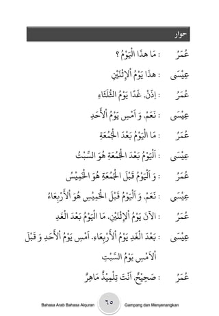 ‫حوار‬

                                                           ‫؟‬    ‫َ َ ْ ْ‬
                                                             ‫/ وا َذا اْلَِمُ‬       ‫ُ َ‬
                                                                                  ‫عىرُ‬
                                                           ‫َ َْ ُ ْ َْْ‬          ‫ْ َ‬
                                                        ‫/ َذا يِم اإلثني‬
                                                         ‫ِ ِ‬                    ‫عيَس‬ ‫ِ‬
                                               ‫َ ْ َ ً َ ْ ُ ُّ َ َ‬                 ‫ُ َ‬
                                                                                  ‫عىرُ‬
                                      ‫/ اذن, غدا يِم اثلنثاء‬
                                      ‫ِ‬                                     ‫ِ‬
                                         ‫ُْ َ‬
                                    ‫/ نعه, و اَمس يَِم اْْلخَ‬      ‫ََ ْ َ ْ‬       ‫ْ َ‬
                                  ‫د‬
                                  ‫ِ‬                              ‫ِ‬              ‫عيَس‬    ‫ِ‬

                                         ‫ث‬        ‫َ َْ ْ ُ َ ْ َ ْ ُ‬
                                              ‫/ وا اْلِم بعد اْلُىعَ‬                ‫ُ َ‬
                                                                                 ‫عىرُ‬
                                          ‫ِ‬

                      ‫ج‬      ‫ْ َ ْ ُ َ ْ َ ْ ُ َ ُ َ َّ‬
                       ‫/ اَْلِم بعد اْلُىعث َِ الستْ ُ‬                           ‫ْ َ‬
                                                                                ‫عيَس‬
                                                   ‫ِ‬                                 ‫ِ‬
                         ‫َ َْ ْ ُ َ َ ْ ُ َ ُ َ ْ‬
                   ‫/ و اَْلِم قتْل اْلُىعث َِ اْلَىيْ ُ‬                             ‫ُ َ‬
                                                                                  ‫عىرُ‬
                  ‫ِس‬                        ‫ِ‬
           ‫َُ َْ َ‬                      ‫ََ ْ َ ْ ُْ َ َ ْ‬
        ‫/ نعه, و اَْلَِم قتْل اْلَىيْس َِ اْْلربعاءُ‬                             ‫ْ َ‬
                                                                                ‫عيَس‬
              ‫ِ‬                ‫ِ ِ‬                                                   ‫ِ‬
                ‫َ َْ ُ ْ َْْ َ َْ ْ ُ َ ْ َ َْ‬                                      ‫ُ َ‬
                                                                                  ‫عىرُ‬
            ‫/ اآلن يِم اإلثني. وا اْلِم بعد امغد‬
            ‫ِ‬                                           ‫ِ ِ‬
‫َْ َ َْ َْ ُ ْ َْ َ َْ َْ ُ ْ َ َ َ ََْ‬                                          ‫ْ َ‬
‫/ بعد امغد يِم اْلربِعاء. امس يِم اْلخد و قتل‬
      ‫ِ‬                 ‫ِ ِ‬                                         ‫ِ‬           ‫عيَس‬ ‫ِ‬
                                                       ‫ْ َ ْ َ ْ ُ َّ ْ‬
                                            ‫المس يِم الستج‬
                                                ‫ِ‬                      ‫ِ‬
                           ‫/ صديْح, اًَْج حِنْىيْذ واَرٌ‬
                                ‫ِ‬
                                     ‫ٌ َ‬                      ‫َ‬       ‫َ ٌ‬         ‫ُ َُ‬
                                                                                  ‫عى ر‬
                                                     ‫ِ‬                   ‫ِ‬

         ‫‪Bahasa Arab Bahasa Alquran‬‬          ‫٥٦‬         ‫‪Gampang dan Menyenangkan‬‬
 