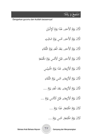 ‫اِستَمعُوُرد ُْ!‬
                                                               ‫ْ ِ ْ َ َ ِّد‬
‫!‪Dengarkan gurumu dan ikutilah bacaannya‬‬



                                                              ‫ِ‬
                                       ‫اَْلنْيَػومْاألَح ْ, غداْيَػومْاْلثػنَػ ِْ‬
                                       ‫َ ُ َد َ ً ُ ِ ي‬

                                                          ‫ِ‬
                                      ‫اَْلنْيَػومْاألَح ْ, اَمسْيَػومْالسب ِْ‬
                                      ‫َ ُ َ د ِ ُ َّ ت‬

                                  ‫ِ‬
                                  ‫َ ُ َ د َ ِ ُ اء‬                ‫ِ‬
                                  ‫اَْلنْيَػومْاألَح ْ, بَػعدْالغَدْيَػومْالثُّػلَثَ ْ‬

                            ‫ِ‬
                            ‫ِ ُ ُ َة‬                     ‫ِ‬
                            ‫اَْلنْيَػومْاألَح ْ, قَػبلْاألَمسْيَػومْاْلُمع ْ‬
                                                         ‫َ ُ َد‬
                                                  ‫َ‬
                                    ‫َ ُ َاء َ ً ُ ِ س‬    ‫ِ‬
                                    ‫اَْلنْيَػومْاألَربِع ْ, غداْيَػومْاْلَمي ِْ‬

                                     ‫ِ‬                        ‫ِ‬
                                     ‫اَْلنْيَػومْاألَربِع ْ, اَمسْيَػومْالثُّػلَثَ ْ‬
                                     ‫َ ُ َاء ِ ُ اء‬

                                              ‫اء َ ِ‬       ‫ِ‬
                                    ‫اَْلنْيَػومْاألَربِع ْ, بَػعدْالغَدْيَػومْ...‬
                                        ‫ُ‬                    ‫َ ُ َ‬
                                           ‫ِ‬             ‫ِ‬
                                 ‫اَْلنْيَػومْاألَربِع ْ, قَػبلْاألَمسْيَػومْ...‬
                                                         ‫َ ُ َاء‬
                                     ‫ُ‬            ‫َ‬
                                                          ‫ِ‬
                                           ‫اْلنْيَػومْاْلُمع ْ, غداْيَػومْ...‬
                                                      ‫َ ُ ُ َة َ ً‬
                                               ‫ُ‬
                                                          ‫ِ‬
                                                    ‫َ ُ ُ َة ِ‬
                                          ‫اْلنْيَػومْاْلُمع ْ, اَمسْيَػومْ...‬
                                              ‫ُ‬

    ‫‪Bahasa Arab Bahasa Alquran‬‬       ‫۷٦‬         ‫‪Gampang dan Menyenangkan‬‬
 