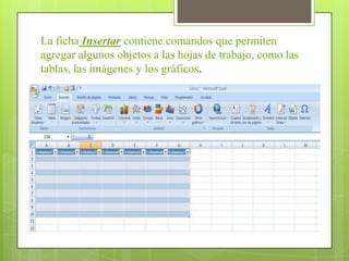 La ficha Insertar contiene comandos que permiten
agregar algunos objetos a las hojas de trabajo, como las
tablas, las imágenes y los gráficos.
 