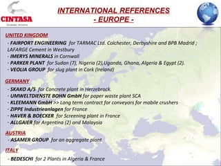UNITED KINGDOM
- FAIRPORT ENGINEERING for TARMAC Ltd. Colchester, Derbyshire and BPB Madrid ;
LAFARGE Cement in Westbury
- IMERYS MINERALS in Cornwall
- PARKER PLANT for Sudan (7), Nigeria (2),Uganda, Ghana, Algeria & Egypt (2).
- VEOLIA GROUP for slug plant in Cork (Ireland)
GERMANY
- SKAKO A/S for Concrete plant in Herzebrock.
- UMWELTDIENSTE BOHN GmbH for paper waste plant SCA
- KLEEMANN GmbH >> Long term contract for conveyors for mobile crushers
- ZIPPE Industrieanlagen for France
- HAVER & BOECKER for Screening plant in France
- ALLGAIER for Argentina (2) and Malaysia
INTERNATIONAL REFERENCES
- EUROPE -
AUSTRIA
- ASAMER GROUP for an aggregate plant
ITALY
- BEDESCHI for 2 Plants in Algeria & France
 