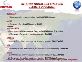 - 4 Conveyors for HOLCIM Japan by TAIM
WESER
AUSTRALIA
- 15 Conveyors for a cement plant by CEMENGAL Company
JAPAN
INTERNATIONAL REFERENCES
– ASIA & OCEANIA -
- Conveyors for OHL Aggregate Plant by SANDVIK Rock Processing
SAUDI ARABIA
JORDAN
- Stainless Steel Conveyors for a waste water plant by DEGREMONT
UAE
- 10 Conveyors and Belt Elevator for an steel work company by SARRALLE
INDIA
- 2.300mm wide conveyors for an steel work company by SARRALLE
- 29 Conveyors for a glass treatment plant by ZIPPE Industrieanlagen
- 18 Conveyors for an steel work company by DANIELI
“Those are examples among others projects executed through spanish companies”
 