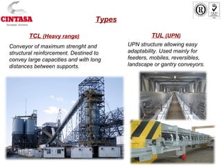 TCL (Heavy range)
Conveyor of maximum strenght and
structural reinforcement. Destined to
convey large capacities and with long
distances between supports.
TUL (UPN)
UPN structure allowing easy
adaptability. Used mainly for
feeders, mobiles, reversibles,
landscape or gantry conveyors.
Types
 