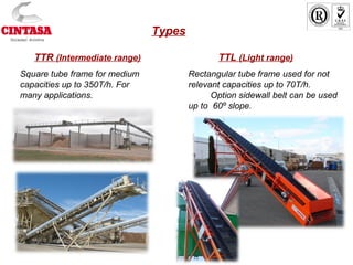 TTL (Light range)
Rectangular tube frame used for not
relevant capacities up to 70T/h.
Option sidewall belt can be used
up to 60º slope.
TTR (Intermediate range)
Square tube frame for medium
capacities up to 350T/h. For
many applications.
Types
 