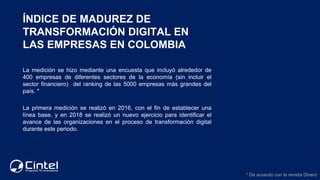 ÍNDICE DE MADUREZ DE
TRANSFORMACIÓN DIGITAL EN
LAS EMPRESAS EN COLOMBIA
La medición se hizo mediante una encuesta que incl...