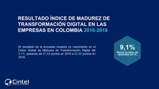 RESULTADO ÍNDICE DE MADUREZ DE
TRANSFORMACIÓN DIGITAL EN LAS
EMPRESAS EN COLOMBIA 2016-2018
El resultado de la encuesta mu...