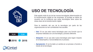 USO DE TECNOLOGÍA
Este aparte mide el uso de las nuevas tecnologías determinantes en
la transformación digital en las empr...