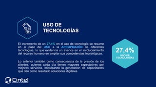 El incremento de un 27,4% en el uso de tecnología se resume
en el paso del USO a la APROPIACIÓN de diferentes
tecnologías,...