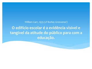 O edifício escolar é a evidência visível e
tangível da atitude do público para com a
educação.
William Carr, 1935 (cf Burke; Grosvenor)
 