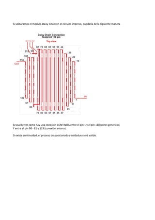  
Si soldaramos el modulo Daisy‐Chain en el circuito impreso, quedaría de la siguiente manera   
 
 
 
 
 
Se puede ver como hay una conexión CONTINUA entre el pin 1 y el pin 118 (pines genericos) 
Y entre el pin 96 ‐ 81 y 119 (conexión antena). 
 
Si existe continuidad, el proceso de posicionado y soldadura será valido.  
 
 
