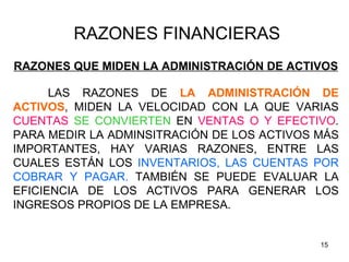 RAZONES FINANCIERAS
RAZONES QUE MIDEN LA ADMINISTRACIÓN DE ACTIVOS

      LAS RAZONES DE LA ADMINISTRACIÓN DE
ACTIVOS, MID...