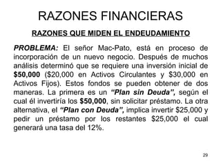 RAZONES FINANCIERAS
     RAZONES QUE MIDEN EL ENDEUDAMIENTO
PROBLEMA: El señor Mac-Pato, está en proceso de
incorporación ...