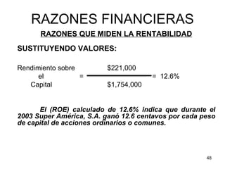 RAZONES FINANCIERAS
      RAZONES QUE MIDEN LA RENTABILIDAD
SUSTITUYENDO VALORES:

Rendimiento sobre        $221,000
      el          =                   = 12.6%
   Capital               $1,754,000


      El (ROE) calculado de 12.6% indica que durante el
2003 Super América, S.A. ganó 12.6 centavos por cada peso
de capital de acciones ordinarios o comunes.



                                                      48
 