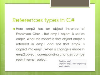 References types in C#
 Here emp2 has an object instance of
Employee Class . But emp1 object is set as
emp2. What this means is that object emp2 is
refereed in emp1 and not that emp2 is
copied into emp1. When a change is made in
emp2 object, corresponding changes can be
seen in emp1 object.
 