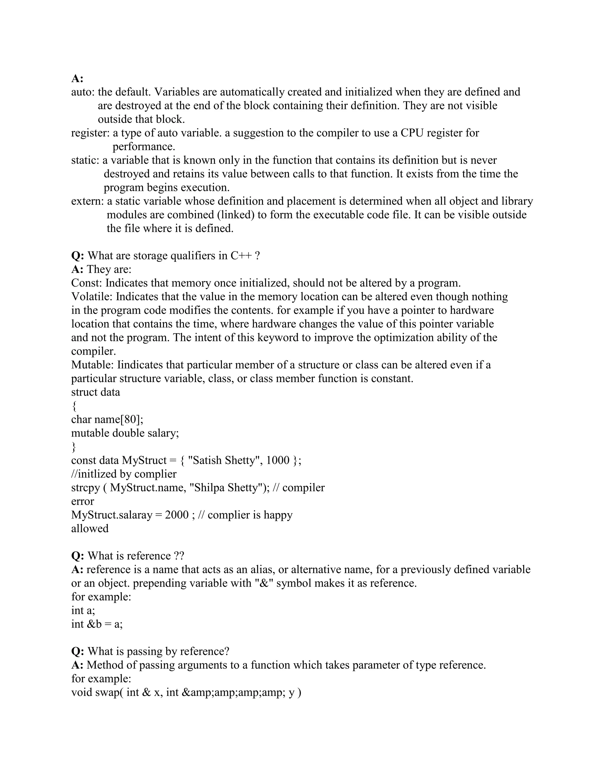 std::istream operator (std::istream i, Fred fred) 
{ 
return i  fred.i_; 
} 
int main() 
{ 
Fred f; 
std::cout  Enter a Fred object: ; 
std::cin  f; 
... 
} 
Note that operator returns the stream. This is so the input operations can be cascaded and/or 
used in a while loop or if statement. 
Q: How can I provide printing for an entire hierarchy of classes? 
A: Provide a friend operator that calls a protected virtual function: 
class Base { 
public: 
friend std::ostream operator (std::ostream o, const Base b); 
... 
protected: 
virtual void printOn(std::ostream o) const; 
}; 
inline std::ostream operator (std::ostream o, const Base b) 
{ 
b.printOn(o); 
return o; 
} 
class Derived : public Base { 
protected: 
virtual void printOn(std::ostream o) const; 
}; 
The end result is that operator acts as if it were dynamically bound, even though it's a friend 
function. This is called the Virtual Friend Function Idiom. 
Note that derived classes override printOn(std::ostream) const. In particular, they do not 
provide their own operator. 
Naturally if Base is an ABC, Base::printOn(std::ostream) const can be declared pure virtual 
using the = 0 syntax. 
 