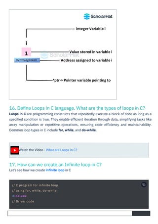 17. How can we create an Inﬁnite loop in C?
Let's see how we create inﬁnite loop in C
16. Deﬁne Loops in C language. What are the types of loops in C?
Loops in C are programming constructs that repeatedly execute a block of code as long as a
speciﬁed condition is true. They enable eﬃcient iteration through data, simplifying tasks like
array manipulation or repetitive operations, ensuring code eﬃciency and maintainability.
Common loop types in C include for, while, and do-while.
Watch the Video - What are Loops in C?
// C program for infinite loop
// using for, while, do-while
#include
// Driver code
 