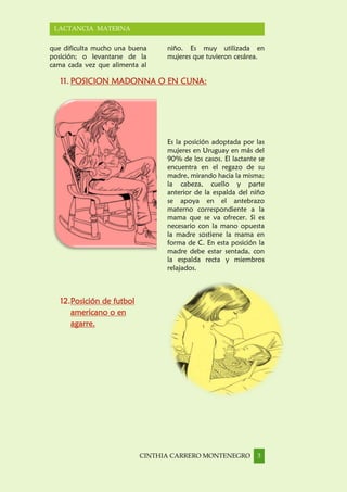 CINTHIA CARRERO MONTENEGRO 3
LACTANCIA MATERNA
que dificulta mucho una buena
posición; o levantarse de la
cama cada vez que alimenta al
niño. Es muy utilizada en
mujeres que tuvieron cesárea.
11. POSICION MADONNA O EN CUNA:
Es la posición adoptada por las
mujeres en Uruguay en más del
90% de los casos. El lactante se
encuentra en el regazo de su
madre, mirando hacia la misma;
la cabeza, cuello y parte
anterior de la espalda del niño
se apoya en el antebrazo
materno correspondiente a la
mama que se va ofrecer. Si es
necesario con la mano opuesta
la madre sostiene la mama en
forma de C. En esta posición la
madre debe estar sentada, con
la espalda recta y miembros
relajados.
12.Posición de futbol
americano o en
agarre.
 
