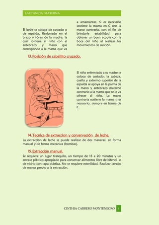 CINTHIA CARRERO MONTENEGRO 4
LACTANCIA MATERNA
Él bebe se coloca de costado o
de espalda, flexionado en el
brazo y tórax de la madre; la
cual sostiene al niño con el
antebrazo y mano que
corresponde a la mama que va
a amamantar. Si es necesario
sostiene la mama en C con la
mano contraria, con el fin de
brindarle estabilidad para
obtener un buen acople con la
boca del niño al realizar los
movimientos de succión.
13.Posición de caballito cruzado.
El niño enfrentado a su madre se
coloca de costado; la cabeza,
cuello y extremo superior de la
espalda se apoya en la palma de
la mano y antebrazo materno
contrario a la mama que se le va
ofrecer al niño. La mano
contraria sostiene la mama si es
necesario, siempre en forma de
C.
14.Tecnica de extraccion y conservación de leche.
La extracción de leche se puede realizar de dos maneras: en forma
manual y de forma mecánica (bombas).
15.Extracción manual.
Se requiere un lugar tranquilo, un tiempo de 15 a 20 minutos y un
envase plástico apropiado para conservar alimentos libre de bifenol o
de vidrio con tapa plástica. No se requiere esterilidad. Realizar lavado
de manos previo a la extracción.
 