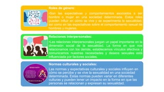 Roles de género:
•Son las expectativas y comportamientos asociados a ser
hombre o mujer en una sociedad determinada. Estos roles
pueden influir en cómo se vive y se experimenta la sexualidad,
así como en las expectativas sobre el comportamiento sexual de
hombres y mujeres.
Relaciones interpersonales:
•Las relaciones interpersonales juegan un papel importante en la
dimensión social de la sexualidad. La forma en que nos
relacionamos con los demás, establecemos vínculos afectivos y
comunicamos nuestras necesidades y deseos sexuales está
influenciada por factores sociales.
Normas culturales y sociales:
Las normas y expectativas culturales y sociales influyen en
cómo se percibe y se vive la sexualidad en una sociedad
determinada. Estas normas pueden variar en diferentes
culturas y pueden tener un impacto en la forma en que las
personas se relacionan y expresan su sexualidad.
 