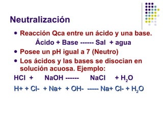 Neutralización  Reacción Qca entre un ácido y una base. Ácido + Base ------ Sal  + agua   Posee un pH igual a 7 (Neutro) Los ácidos y las bases se disocian en solución acuosa. Ejemplo: HCl  +  NaOH ------  NaCl  +  H 2 O   H+ + Cl-  + Na+  + OH-  ----- Na+ Cl- +  H 2 O   