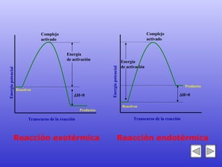 Energía  de activación Energía potencial Transcurso de la reacción Complejo activado Reactivos  H<0 Energía  de activación Transcurso de la reacción Complejo activado Reactivos  H>0 Energía potencial Reacción exotérmica Reacción endotérmica Productos Productos 