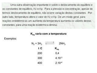 Keq varia com a temperatura
Exemplos:
            N2 + 3H2                2NH3
                 tC           Keq
                 200          0,4
                 300          4.10-3
                 400          2.10-4
 