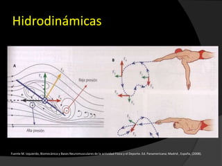 Hidrodinámicas
Fuente M. Izquierdo, Biomecánica y Bases Neuromusculares de la actividad Física y el Deporte. Ed. Panamericana; Madrid , España, (2008).
 