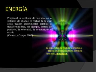 ENERGÍA
Propiedad o atributo de los objetos o
sistemas de objetos en virtud de la cual
éstos pueden experimentar cambios o
transformaciones, por ejemplo, cambio de
posición, de velocidad, de composición o
estado
(Camero y Crespo, 2007).
La capacidad de realizar un trabajo.
Tipos: química, eléctrica, térmica,
luminosa, mecánica.
 