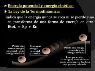  Energía potencial y energía cinética:
 1a Ley de la Termodinámica:
indica que la energía nunca se crea ni se pierde sino
se transforma de una forma de energía en otra.
Etot. = Ep + Ec
 