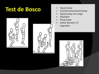 Test de Bosco • Squat Jump
• Countermouvement Jump
• Squat Jump con carga
• Abalakov
• Drop Jump
• Saltos durante 15
segundos
P= (4.9)0.5 * p * (h) 0.5
 