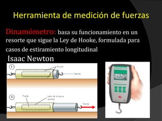 Herramienta de medición de fuerzas
Dinamómetro: basa su funcionamiento en un
resorte que sigue la Ley de Hooke, formulada para
casos de estiramiento longitudinal
Isaac Newton
 