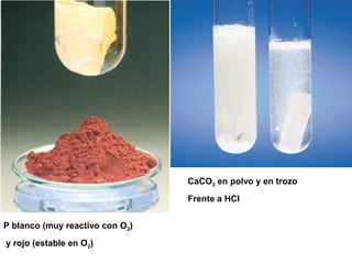P blanco (muy reactivo con O2)
y rojo (estable en O2)
CaCO3 en polvo y en trozo
Frente a HCl
 