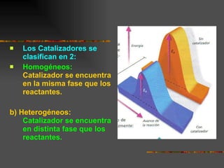 Los Catalizadores se clasifican en 2: Homogéneos:  Catalizador se encuentra en la misma fase que los reactantes. b) Heterogéneos:  Catalizador se encuentra en distinta fase que los reactantes. 