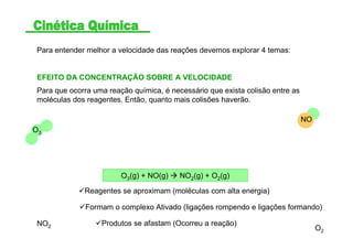 Para entender melhor a velocidade das reações devemos explorar 4 temas:
EFEITO DA CONCENTRAÇÃO SOBRE A VELOCIDADE
Para que ocorra uma reação química, é necessário que exista colisão entre as
moléculas dos reagentes. Então, quanto mais colisões haverão.
O3
NO
NO2 O2
O3(g) + NO(g) NO2(g) + O2(g)
Reagentes se aproximam (moléculas com alta energia)
Formam o complexo Ativado (ligações rompendo e ligações formando)
Produtos se afastam (Ocorreu a reação)
 