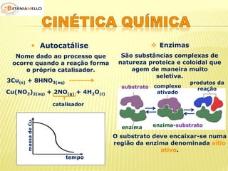  Autocatálise  Enzimas 
Nome dado ao processo que 
ocorre quando a reação forma 
o próprio catalisador. 
3Cu(s) + 8HNO3(aq) 
Cu(NO3)2(aq) + 2NO(g) + 4H2O(ℓ) 
catalisador 
massa de Cu 
tempo 
São substâncias complexas de 
natureza proteica e coloidal que 
agem de maneira muito 
seletiva. 
complexo 
ativado 
substrato 
produtos da 
reação 
enzima enzima-substrato 
O substrato deve encaixar-se numa 
região da enzima denominada sítio 
ativo. 
 