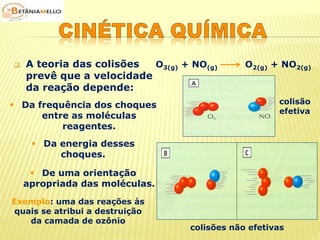  A teoria das colisões 
prevê que a velocidade 
da reação depende: 
O3(g) + NO(g) O2(g) + NO2(g) 
 Da frequência dos choques 
entre as moléculas 
reagentes. 
 Da energia desses 
choques. 
 De uma orientação 
apropriada das moléculas. 
colisão 
efetiva 
colisões não efetivas 
Exemplo: uma das reações às 
quais se atribui a destruição 
da camada de ozônio 
 