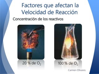 Factores que afectan la
Velocidad de Reacción
Concentración de los reactivos
20 % de O2 100 % de O2
Carmen Olivares
 