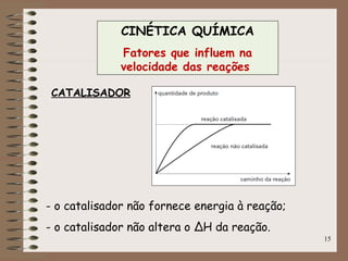 15
CATALISADOR
CINÉTICA QUÍMICA
Fatores que influem na
velocidade das reações
- o catalisador não fornece energia à reação;
- o catalisador não altera o ΔH da reação.
 