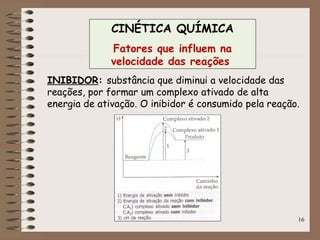 16
INIBIDOR: substância que diminui a velocidade das
reações, por formar um complexo ativado de alta
energia de ativação. O inibidor é consumido pela reação.
CINÉTICA QUÍMICA
Fatores que influem na
velocidade das reações
 