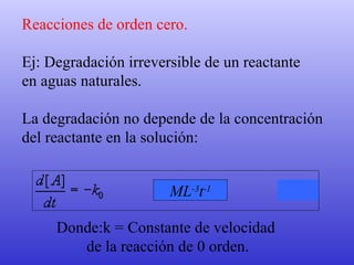 Reacciones de orden cero. Ej: Degradación irreversible de un reactante  en aguas naturales.  La degradación no depende de la concentración  del reactante en la solución:                                                                                                                                                        Donde:k = Constante de velocidad  de la reacción de 0 orden. ML -3 t -1 