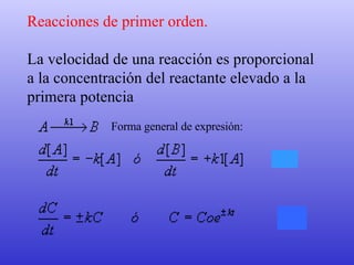 Reacciones de primer orden. La velocidad de una reacción es proporcional a la concentración del reactante elevado a la primera potencia Forma general de expresión:                                                                                                                                                                           