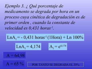 Ejemplo 3. ¿ Qué porcentaje de medicamento se degrada por hora en un proceso cuya cinética de degradación es de primer orden , cuando la constante de velocidad es 0,431 horas -1 . LnA 1  = - 0,431 horas -1  (1Hora) + Ln 100% LnA 1  = 4,174 A 1  = e 4,174 A = 64,98 A = 65 % POR TANTO SE DEGRADA EL 35% 