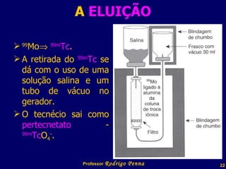 A  ELUIÇÃO 99 Mo    99m Tc . A retirada do  99m Tc  se dá com o uso de uma solução salina e um tubo de vácuo no gerador. O tecnécio sai como  pertecnetato   -  99m Tc O 4 - . Professor  Rodrigo Penna 