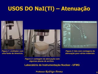 USOS DO NaI(Tl) – Atenuação Figura 1:  cintilador com  uma   fonte de Amerício.   Figura 2:  contagem da atenuação com algumas placas de acrílico.   Figura 3:  tela com contagens da atenuação para vários   materiais.   Laboratório de Instrumentação Nuclear - UFMG Professor  Rodrigo Penna  www.fisicanovestibular.com.br   