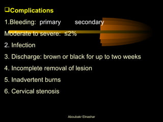 Complications 
1.Bleeding: primary secondary 
Moderate to severe: ≤2% 
2. Infection 
3. Discharge: brown or black for up to two weeks 
4. Incomplete removal of lesion 
5. Inadvertent burns 
6. Cervical stenosis 
Aboubakr Elnashar 
 