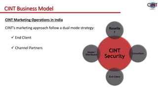 CINT Business Model
CINT Marketing Operations in India
CINT’s marketing approach follow a dual mode strategy:
 End Client
 Channel Partners
CINT
Security
Reselle
r
Consultant
End Client
Dealer/
Distributor
 