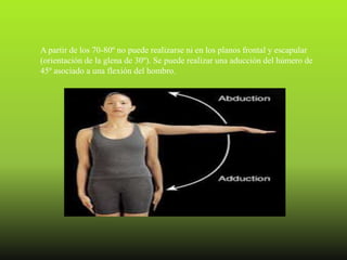 A partir de los 70-80º no puede realizarse ni en los planos frontal y escapular
(orientación de la glena de 30º). Se puede realizar una aducción del húmero de
45º asociado a una flexión del hombro.
 