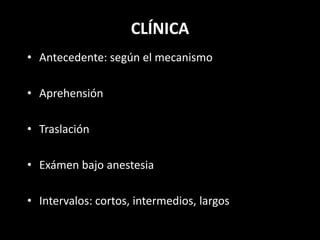 DESGARRO COMPLETO DEL MANGUITO“Todo el espesor comunicación directa a bolsa. Estadio degenerativo avanzado”.TRANSVERSAL:  deg.+traumaVERTICAL: trauma violento en jóvenesRETRACCIÓN: triangular, media lunaAVULSIÓN MASIVA: viejosCOMPROMISO BICIPITAL: caída hacia atrás, lesión del Gordon-Brodie